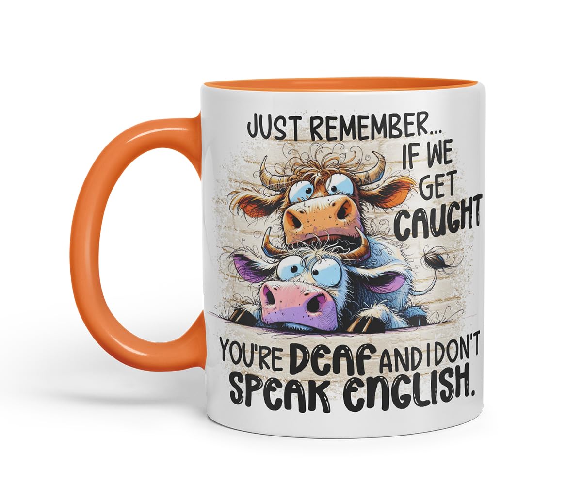 Vixar Just Remember If We Get Caught You're Deaf and I Don't Speak English Funny Cow – Coloured Ceramic Mug Cup Gift, 11oz (Black)