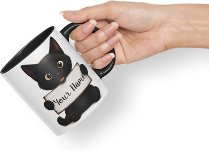 Vixar Personalised Cute Cat Mug with Name or Custom Message – Cute Animal Coloured Ceramic Mug Cup Gift, 11oz (Black)