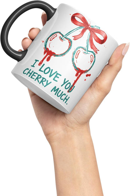 Vixar I Love You Cherry Much Mug – Coloured Ceramic Mug Cup Gift, 11oz (Black)