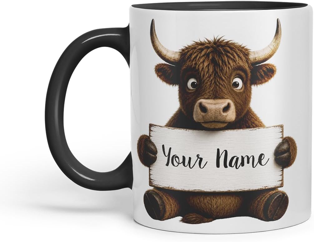 Vixar Personalised Bull Mug with Name or Custom Message – Cute Animal Coloured Ceramic Mug Cup Gift, 11oz (Black)