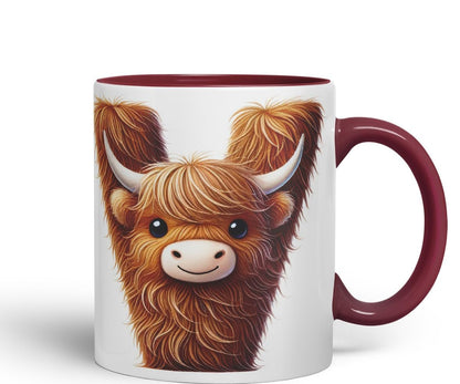 Highland Cow Alphabet Monogram Coloured Ceramic Cup Mug Letter V Rustic Farmhouse Animal Letter Gift V2 11oz (Black)