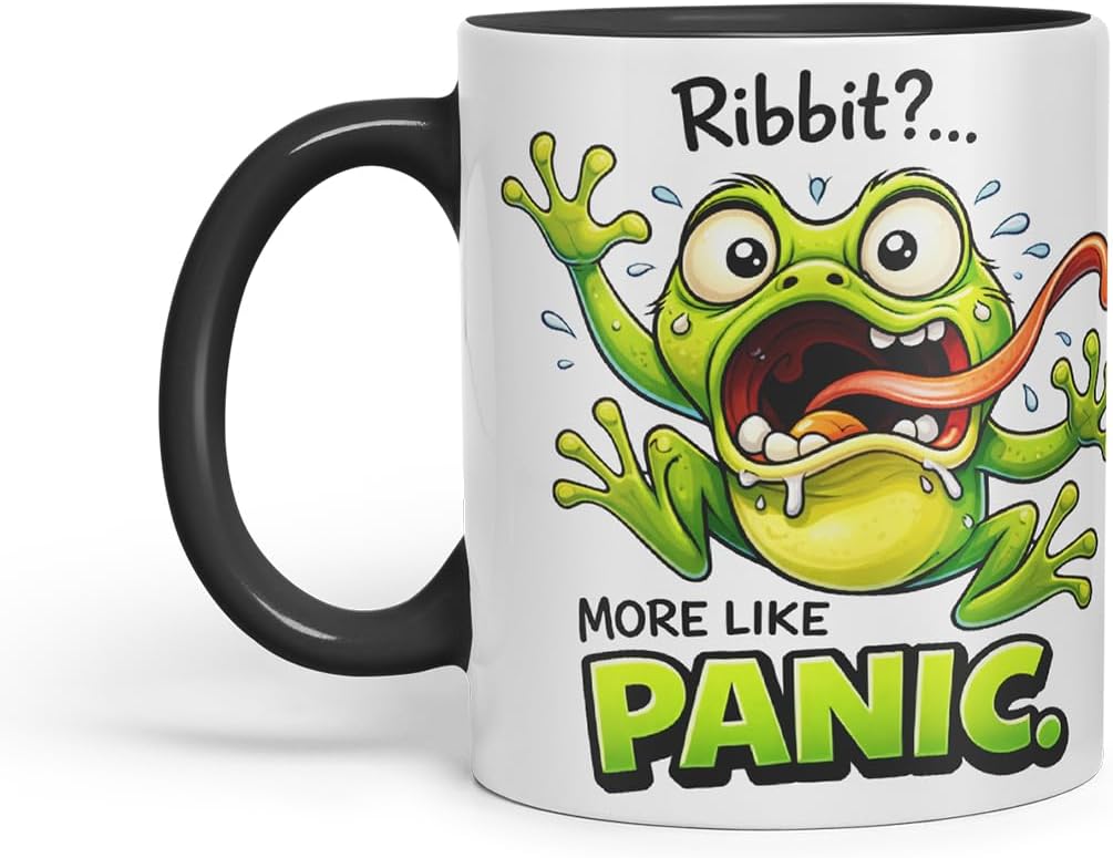 Vixar Ribbit More Like Panic Funny Frog Mug – Coloured Ceramic Mug Cup Gift, 11oz (Black)
