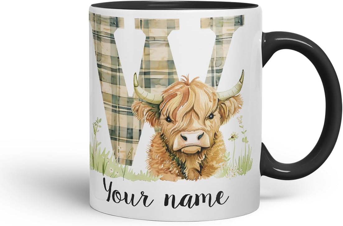 Vixar Personalised Highland Cow Initial Letter W Custom Name Mug – Coloured Ceramic Mug Cup Gift, 11oz (Black)