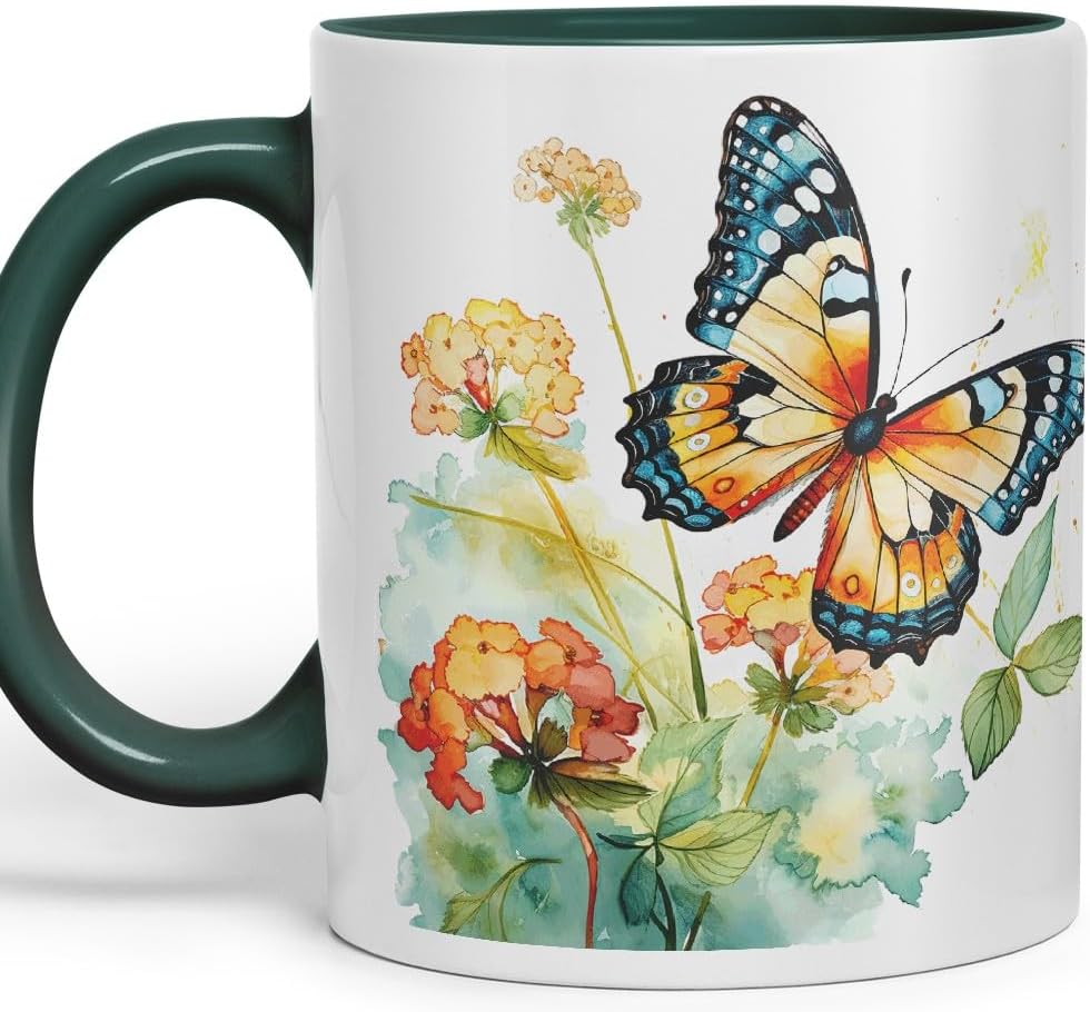Vixar Ceramic Mug “Butterfly with Flowers” – Coloured Coffee & Tea Mug Cup 11oz 330ml (Dark Green)