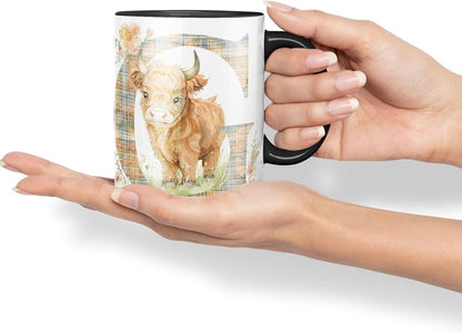 Vixar Highland Cow Alphabet Monogram Coloured Ceramic Cup Mug – Letter G – Rustic Farmhouse Animal Letter Gift – 11oz (Black)
