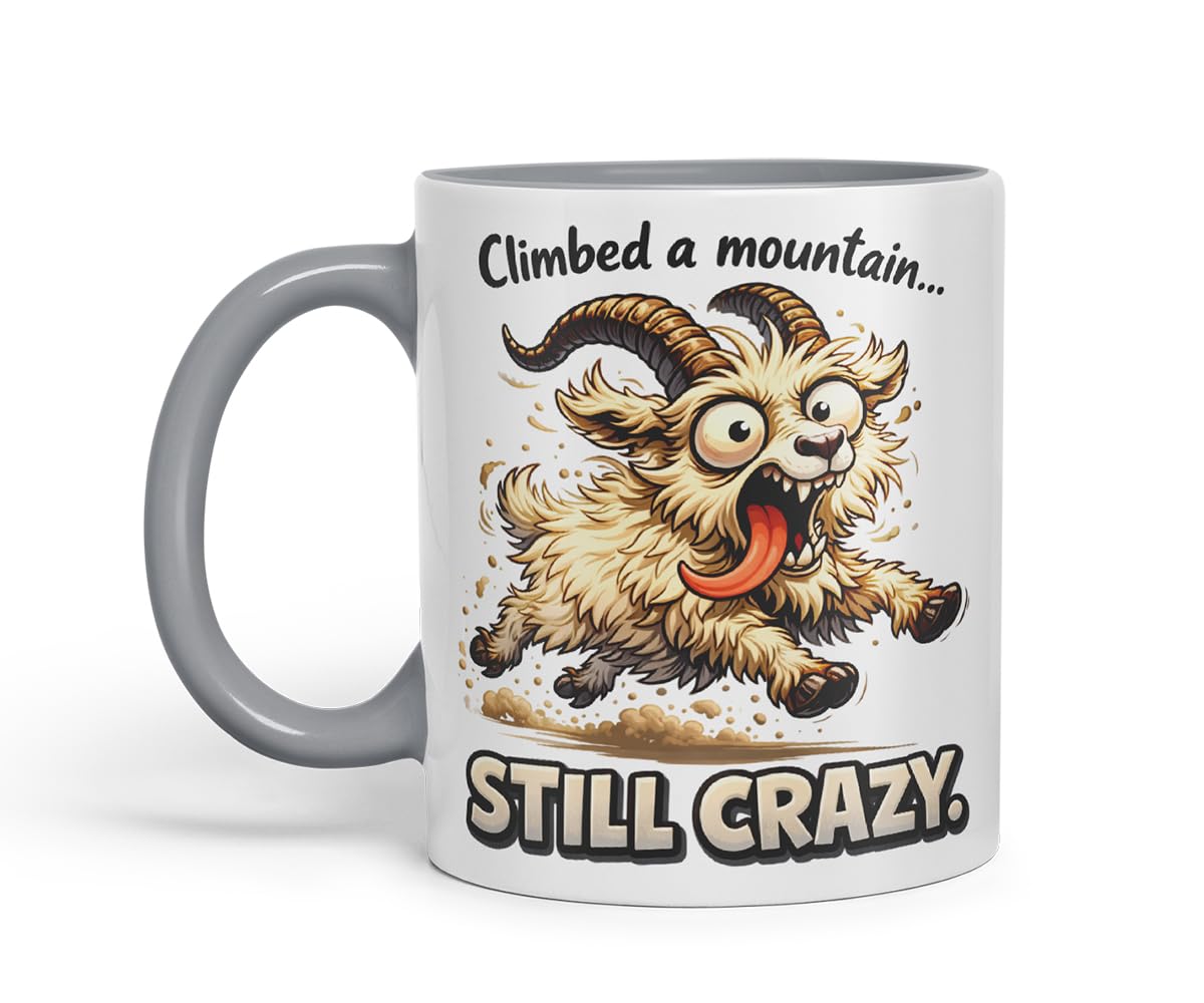 Vixar Climbed A Mountain Still Crazy Funny Goat Mug – Coloured Ceramic Mug Cup Gift, 11oz (Black)