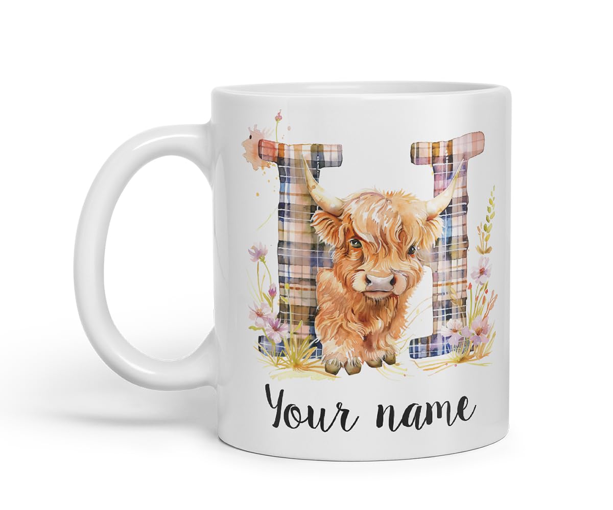 Vixar Personalised Highland Cow Initial Letter H Custom Name Mug – Coloured Ceramic Mug Cup Gift, 11oz (Black)