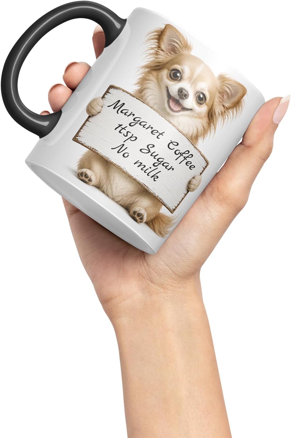 Vixar Personalised Long Hair Chihuahua Mug with Name or Custom Message – Cute Animal Coloured Ceramic Mug Cup Gift, 11oz (Black)