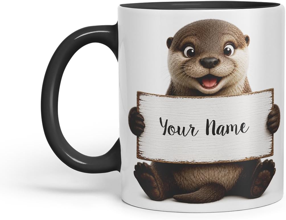 Vixar Personalised Otter Mug with Name or Custom Message – Cute Animal Coloured Ceramic Mug Cup Gift, 11oz (Black)