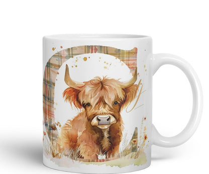Vixar Highland Cow Alphabet Monogram Coloured Ceramic Cup Mug – Letter C – Rustic Farmhouse Animal Letter Gift – 11oz (Black)