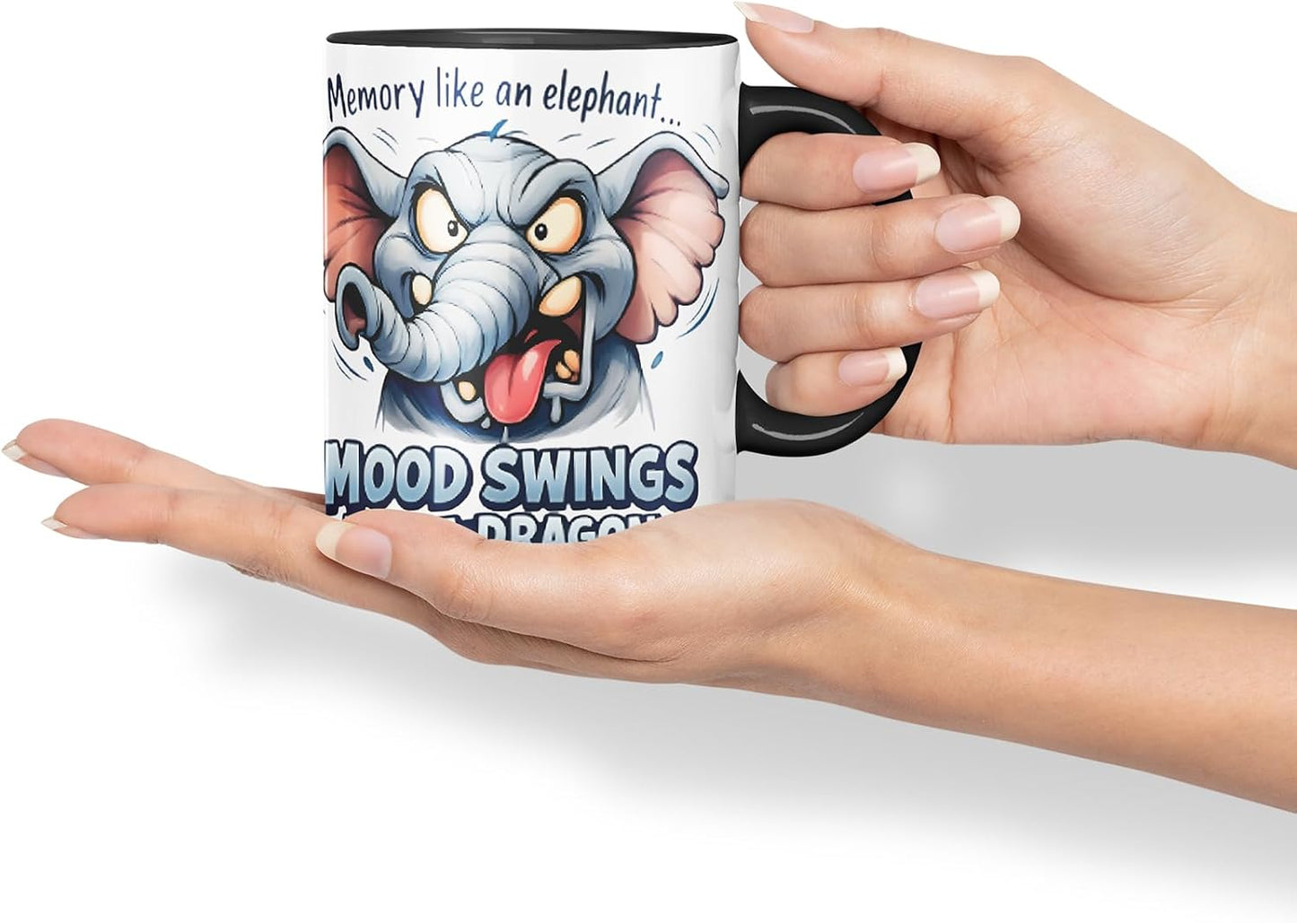 Vixar Memory Like an Elephant Mood Swings Like A Dragon Funny Elephant Mug – Coloured Ceramic Mug Cup Gift, 11oz (Black)