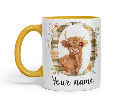 Vixar Personalised Highland Cow Initial Letter O Custom Name Mug – Coloured Ceramic Mug Cup Gift, 11oz (Black)