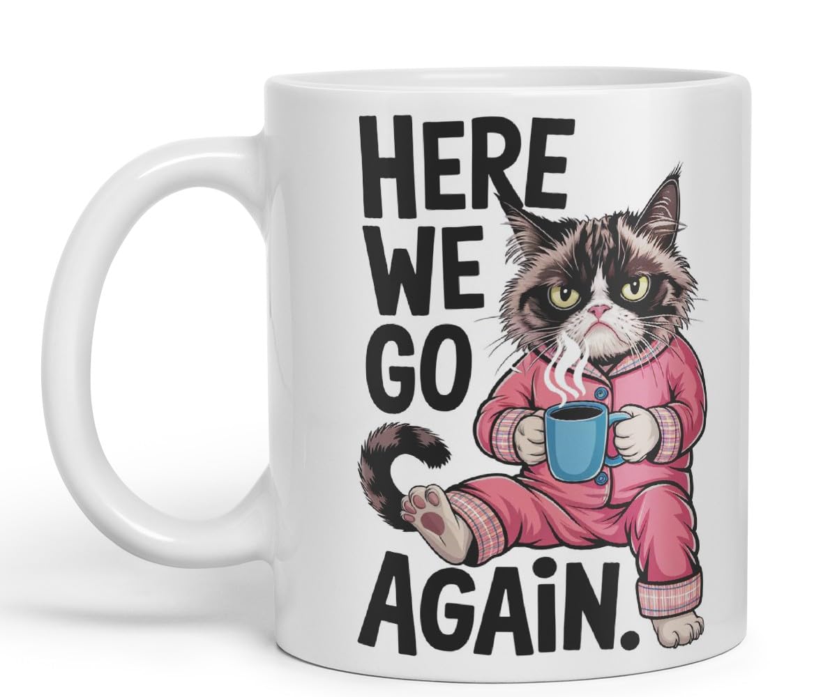 Vixar Here We Go Again Grumpy Cat Mug – Coloured Ceramic Mug Cup Gift, 11oz (Black)