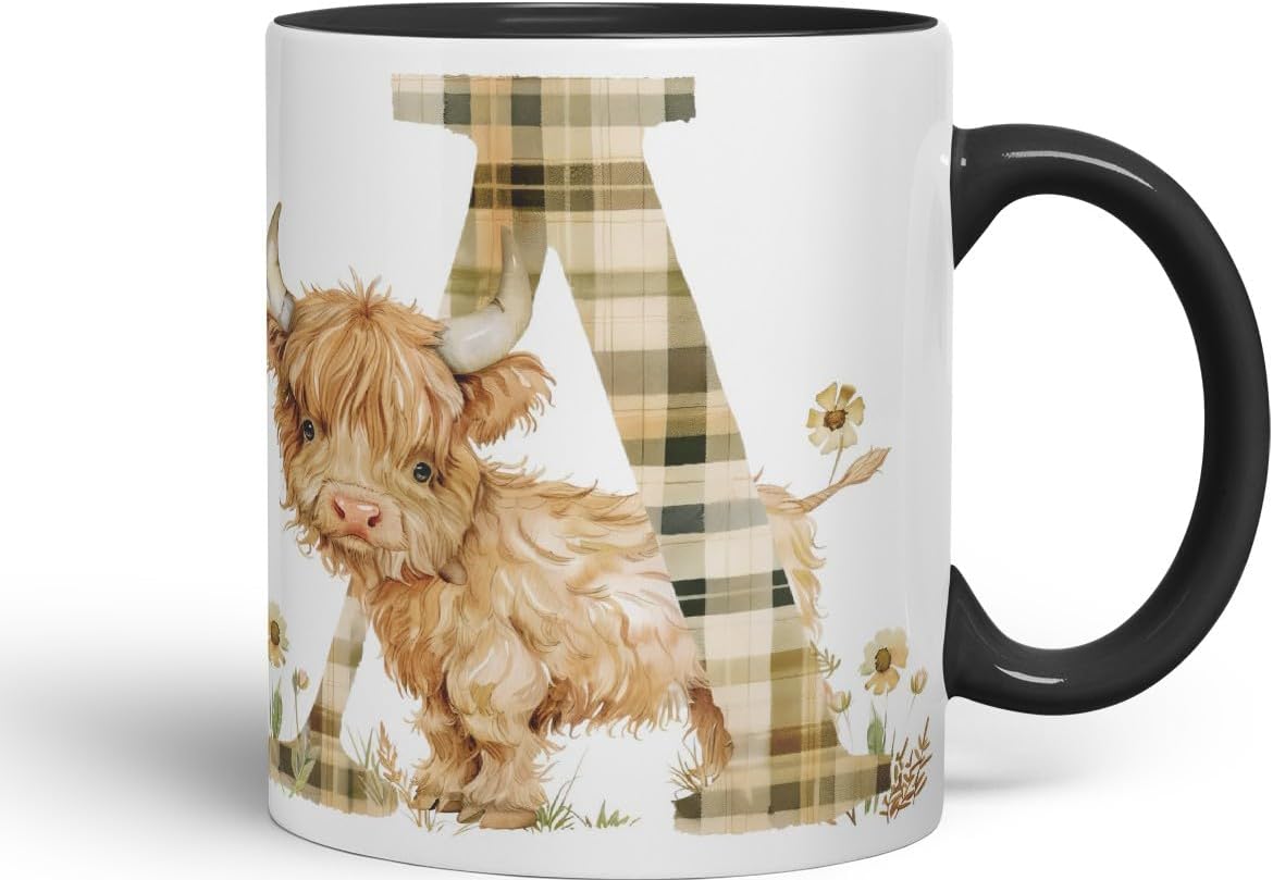 Vixar Highland Cow Alphabet Monogram Coloured Ceramic Cup Mug – Letter A – Rustic Farmhouse Animal Letter Gift – 11oz (Black)