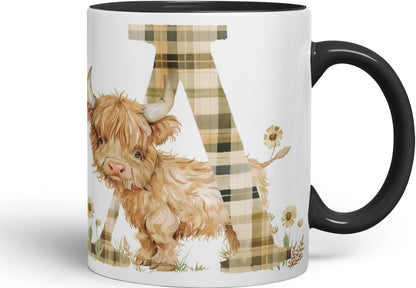 Vixar Highland Cow Alphabet Monogram Coloured Ceramic Cup Mug – Letter A – Rustic Farmhouse Animal Letter Gift – 11oz (Black)