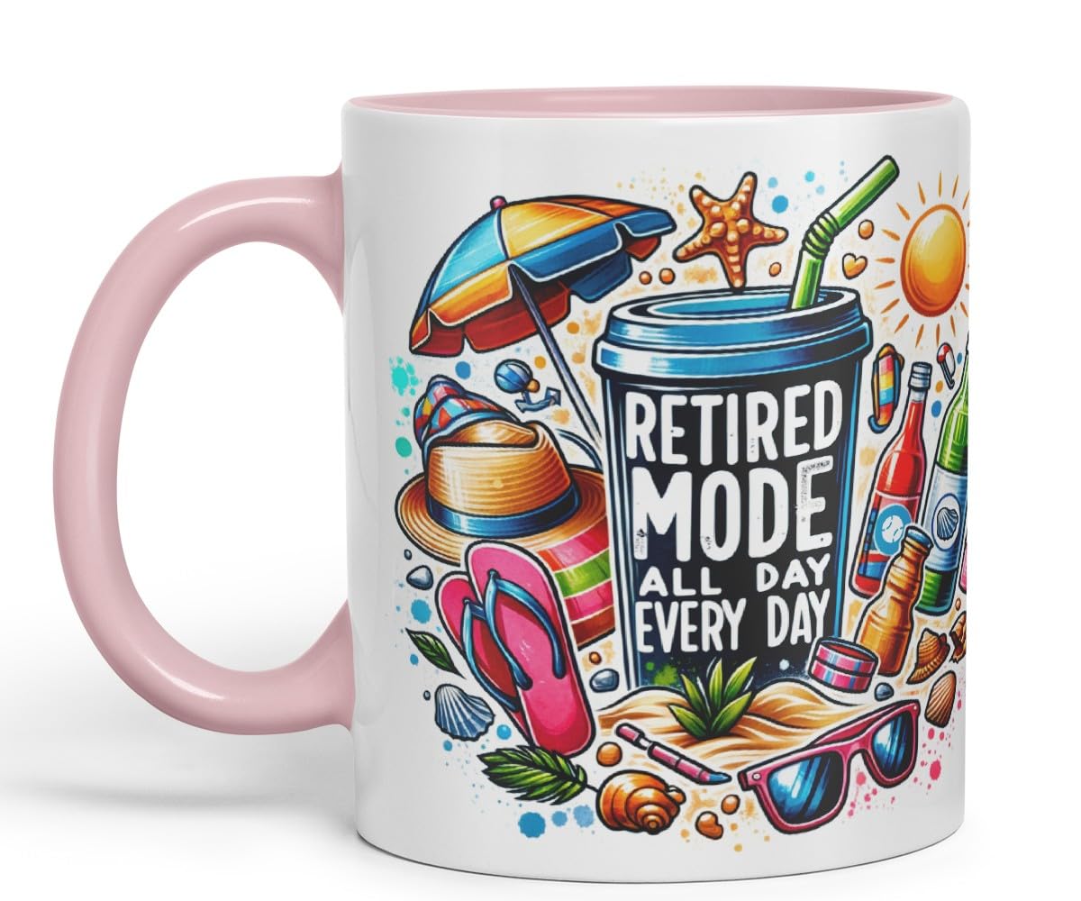 Ceramic Mug “Retired Mode All Day Every Day” with Vacation Theme Coloured Mug Cup 330ml (Black)