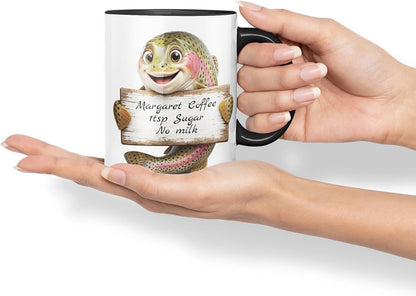 Vixar Personalised Trout Fish Mug with Name or Custom Message – Cute Animal Coloured Ceramic Mug Cup Gift, 11oz (Black)
