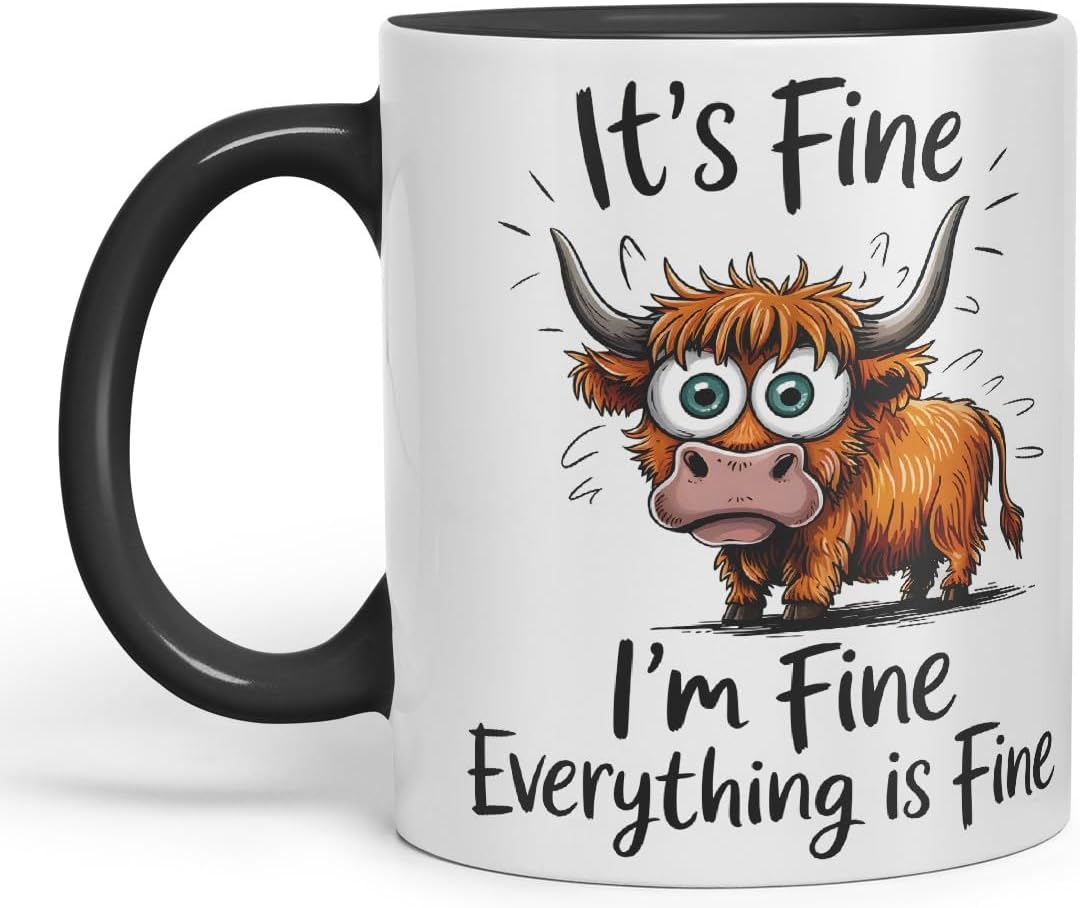Vixar It's Fine I'm Fine Everything is ..., Highland Cow Scottish Joke Sarcastic Ceramic Coloured Mug Cup 330ml 11Oz (Black)