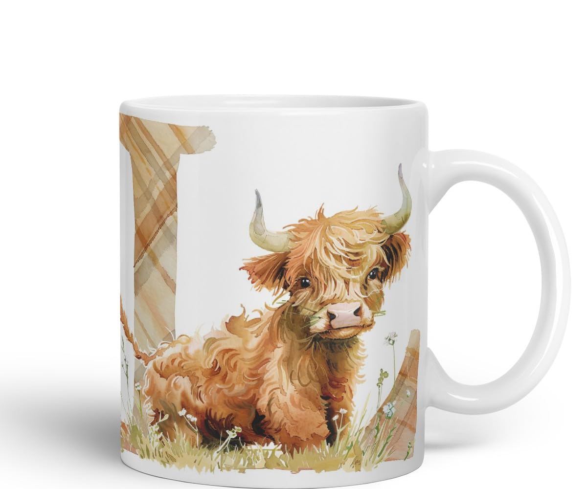 Vixar Highland Cow Alphabet Monogram Coloured Ceramic Cup Mug – Letter L – Rustic Farmhouse Animal Letter Gift – 11oz (Black)