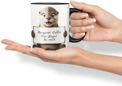 Vixar Personalised Otter Mug with Name or Custom Message – Cute Animal Coloured Ceramic Mug Cup Gift, 11oz (Black)