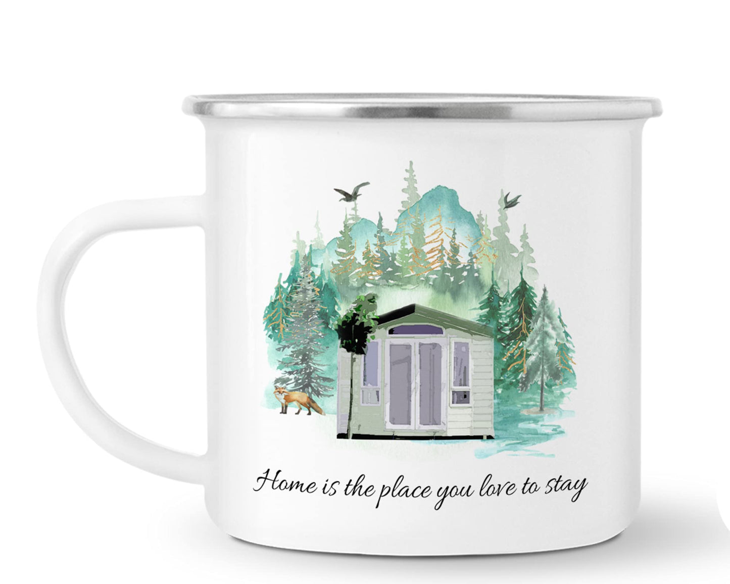 Vixar Enamel Mug Cup, is Ideal for Camping, Caravan, Fishing & Travel, in White with Silver Trim, 10oz, Coffee Tea, Gift, Christmas, Birthday Gift (Home is The Place You Love to stay2)