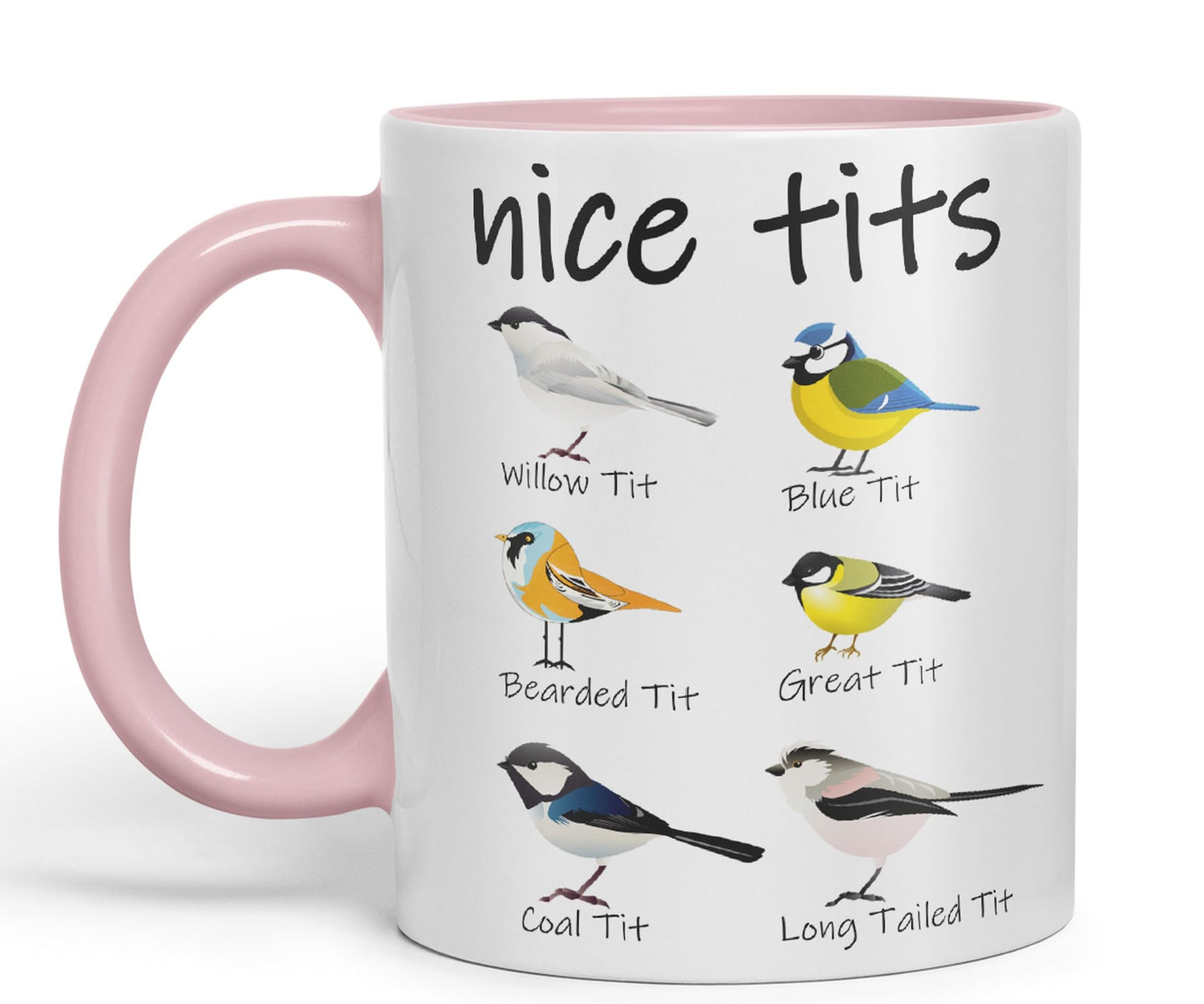 Nice Tits,Willow tit, Blue tit, Bearded tit, Great tit, Coal tit, Long Tailed tit, Sarcastic Joke Ceramic Coloured Mug Cup for Tea Coffee Hot Brew 330ml 11 OZ