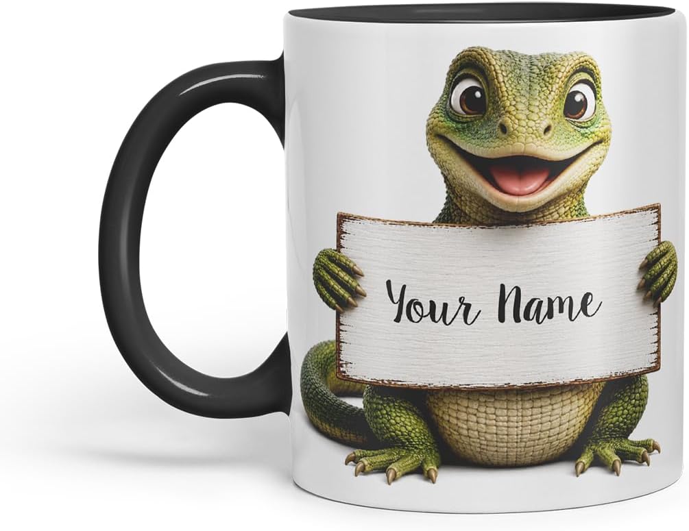 Vixar Personalised Lizard Mug with Name or Custom Message – Cute Animal Coloured Ceramic Mug Cup Gift, 11oz (Black)