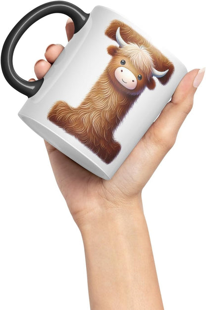 Highland Cow Alphabet Monogram Coloured Ceramic Cup Mug Letter I Rustic Farmhouse Animal Letter Gift V2 11oz (Black)