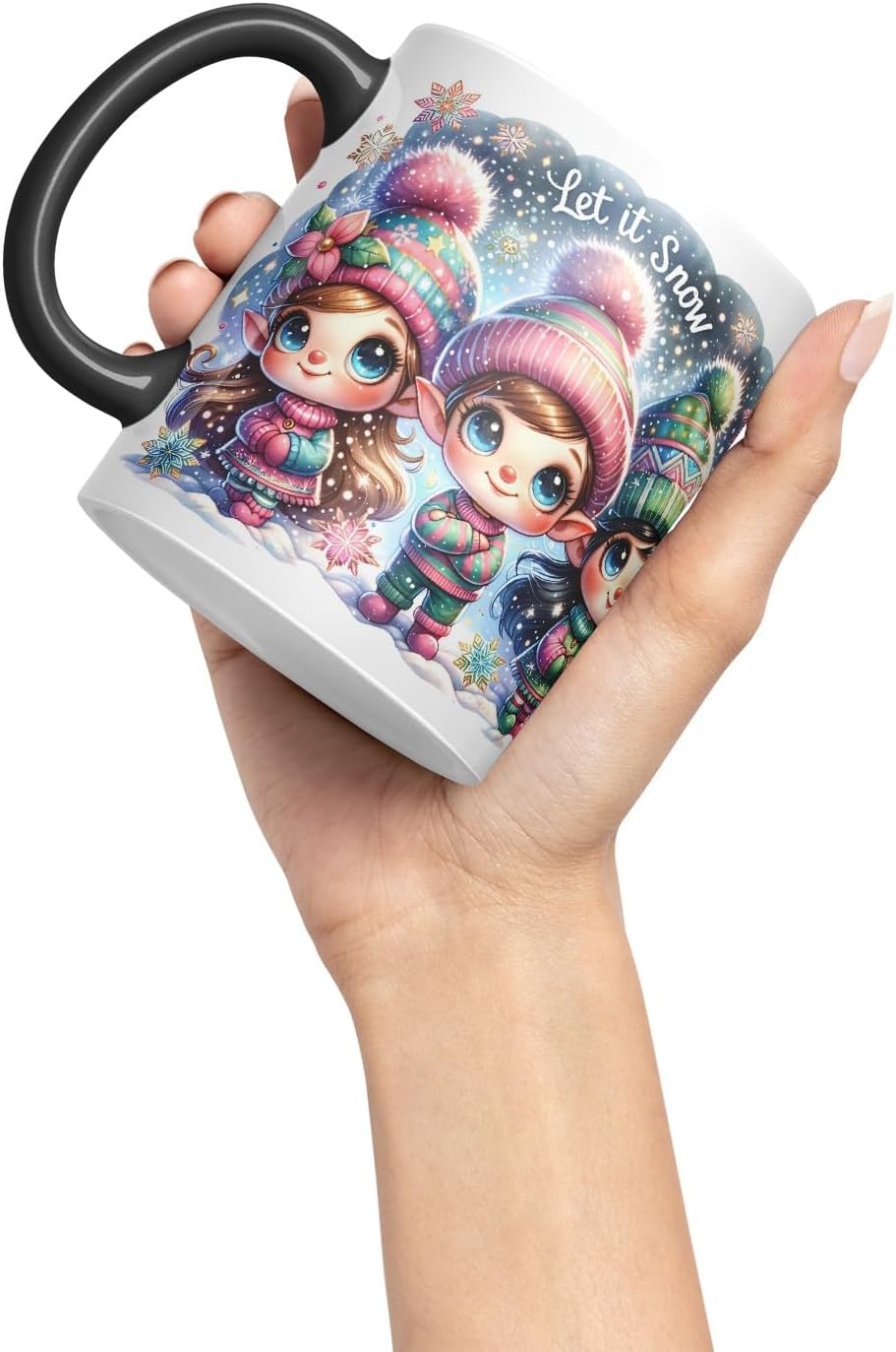 Vixar Let It Snow Cute Christmas Elves Coloured Mug Cup Winter Gift 11oz (Black)