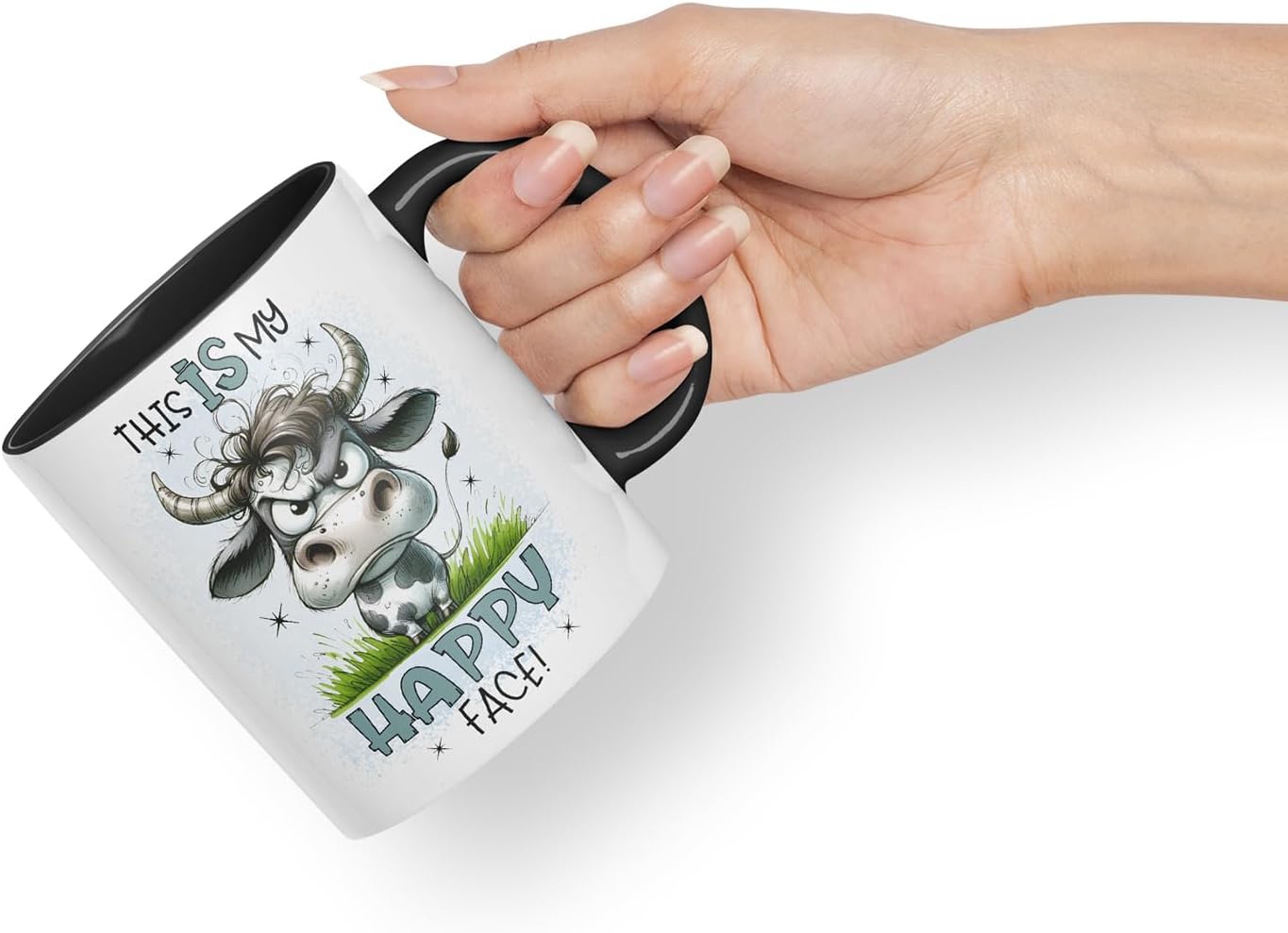 Vixar This is My Happy Face Funny Cow – Coloured Ceramic Mug Cup Gift, 11oz (Black)
