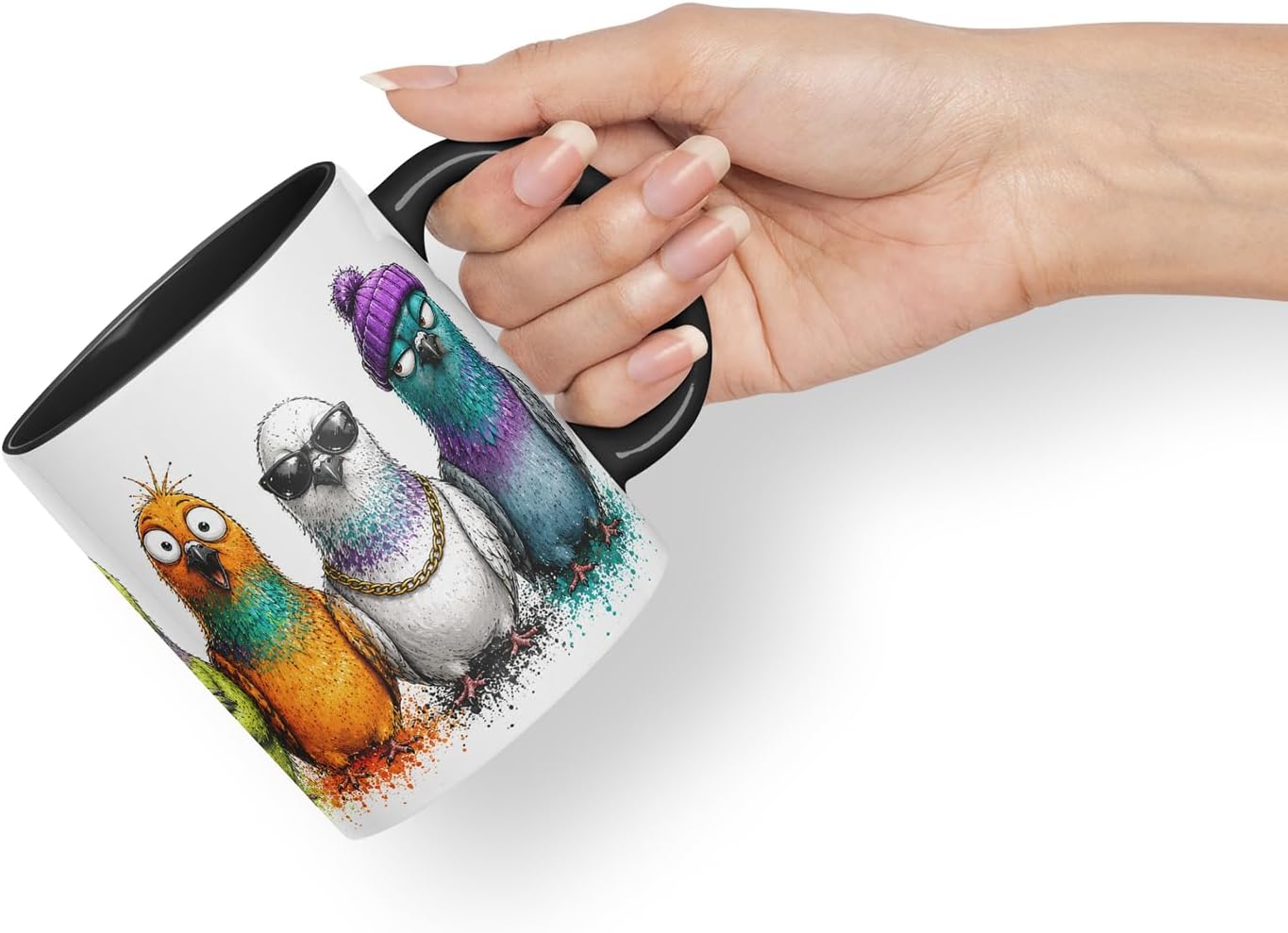 Pigeons Bird Mug – Cute Pigeons Coloured Ceramic Mug Cup Gift, 11oz (Black)