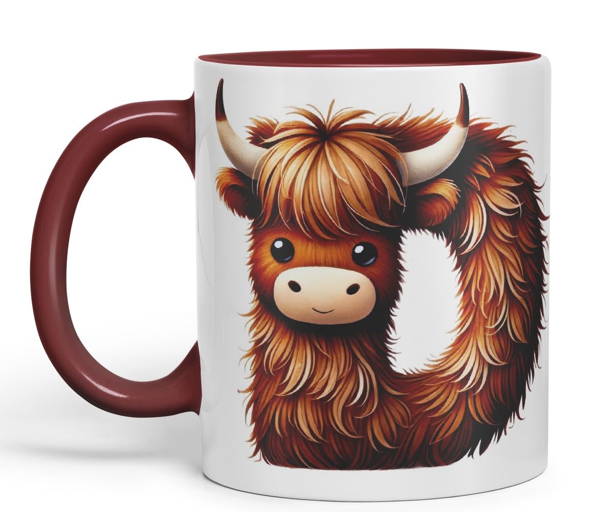 Highland Cow Alphabet Monogram Coloured Ceramic Cup Mug Letter D Rustic Farmhouse Animal Letter Gift V2 11oz (Black)