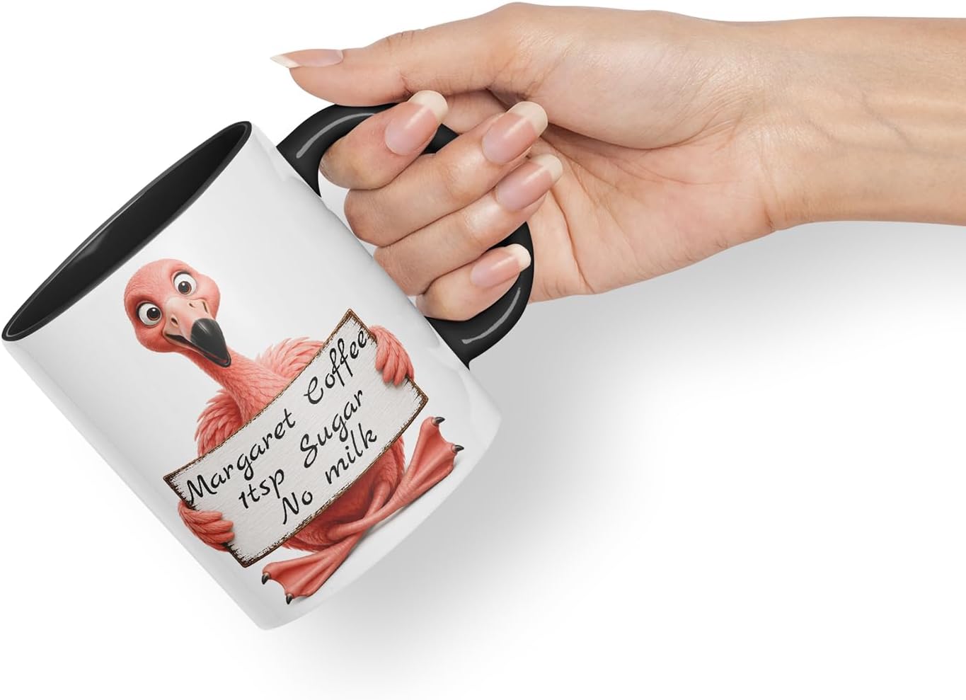 Vixar Personalised Flamingo Mug with Name or Custom Message – Cute Animal Coloured Ceramic Mug Cup Gift, 11oz (Black)