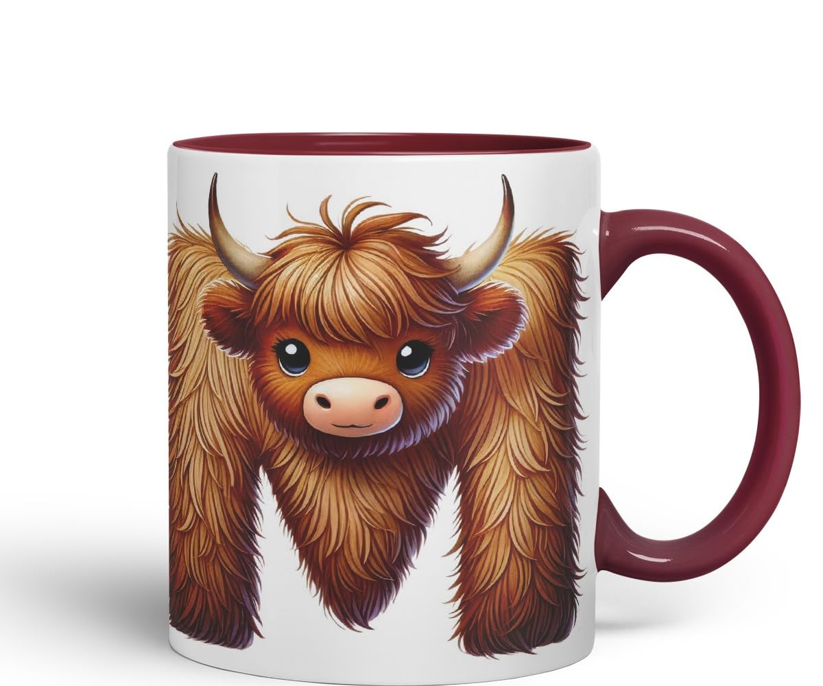 Highland Cow Alphabet Monogram Coloured Ceramic Cup Mug Letter M Rustic Farmhouse Animal Letter Gift V2 11oz (Black)