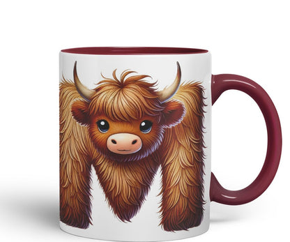 Highland Cow Alphabet Monogram Coloured Ceramic Cup Mug Letter M Rustic Farmhouse Animal Letter Gift V2 11oz (Black)