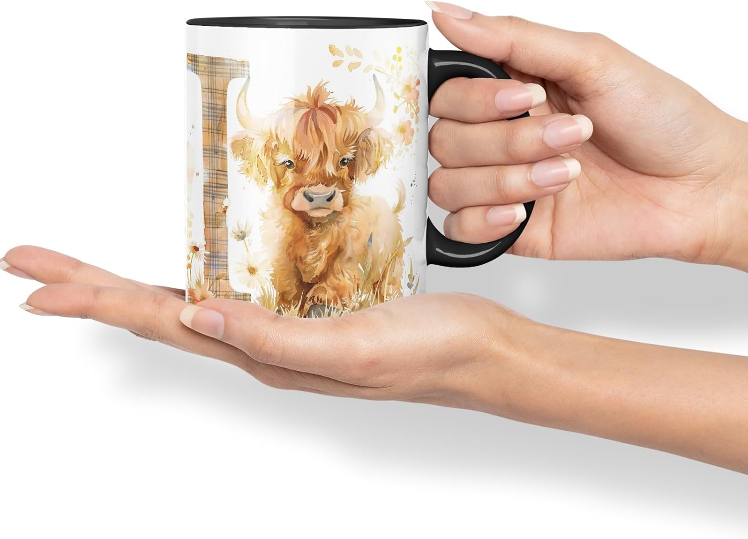 Vixar Highland Cow Alphabet Monogram Coloured Ceramic Cup Mug – Letter I – Rustic Farmhouse Animal Letter Gift – 11oz (Black)