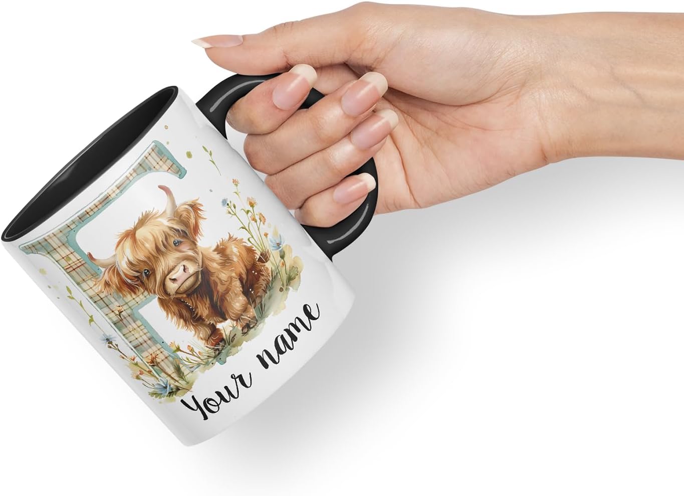 Vixar Personalised Highland Cow Initial Letter F Custom Name Mug – Coloured Ceramic Mug Cup Gift, 11oz (Black)