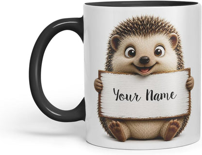 Vixar Personalised Hedgehog Mug with Name or Custom Message – Cute Animal Coloured Ceramic Mug Cup Gift, 11oz (Black)