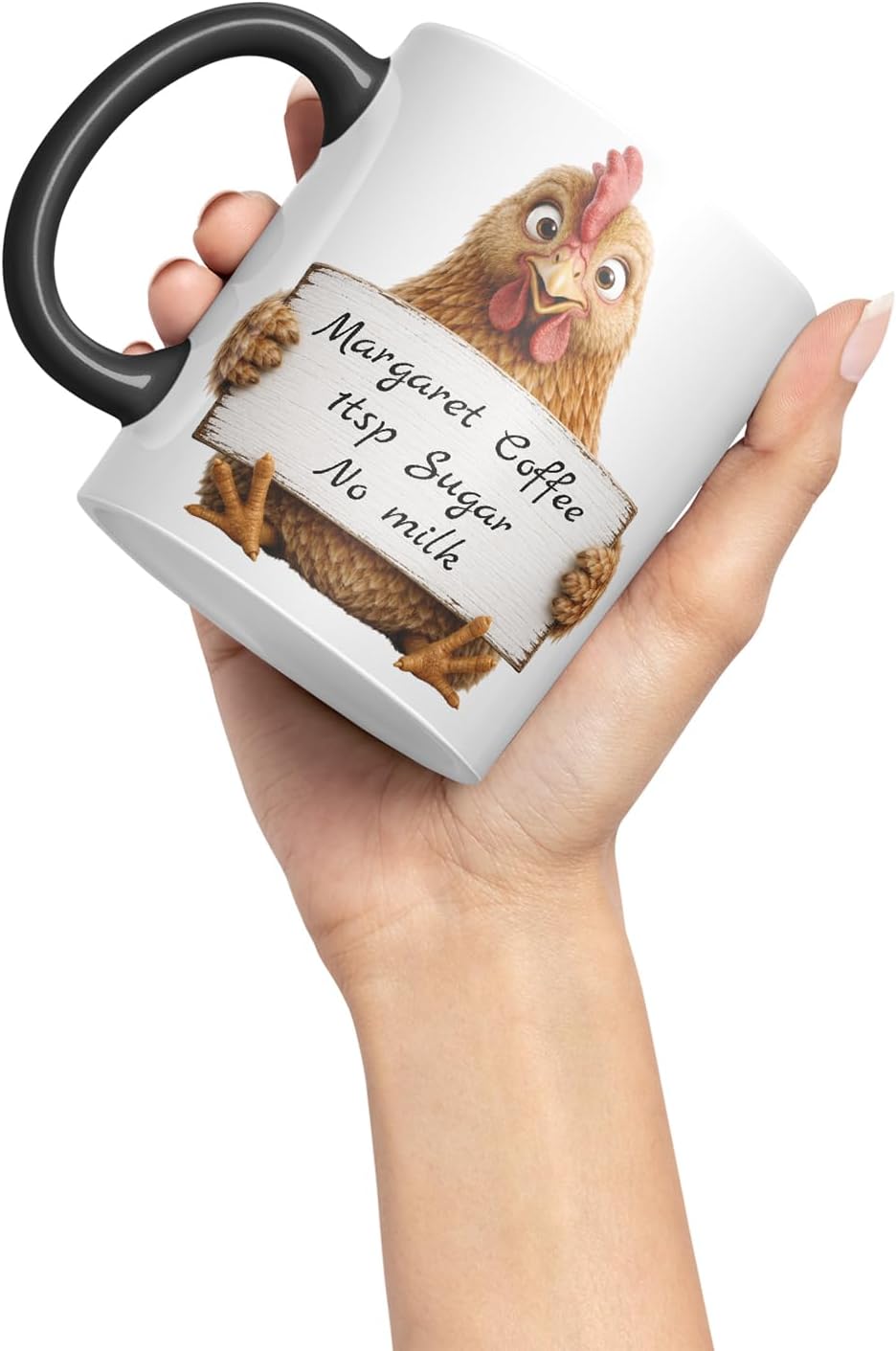 Vixar Personalised Hen Mug with Name or Custom Message – Cute Animal Coloured Ceramic Mug Cup Gift, 11oz (Black)