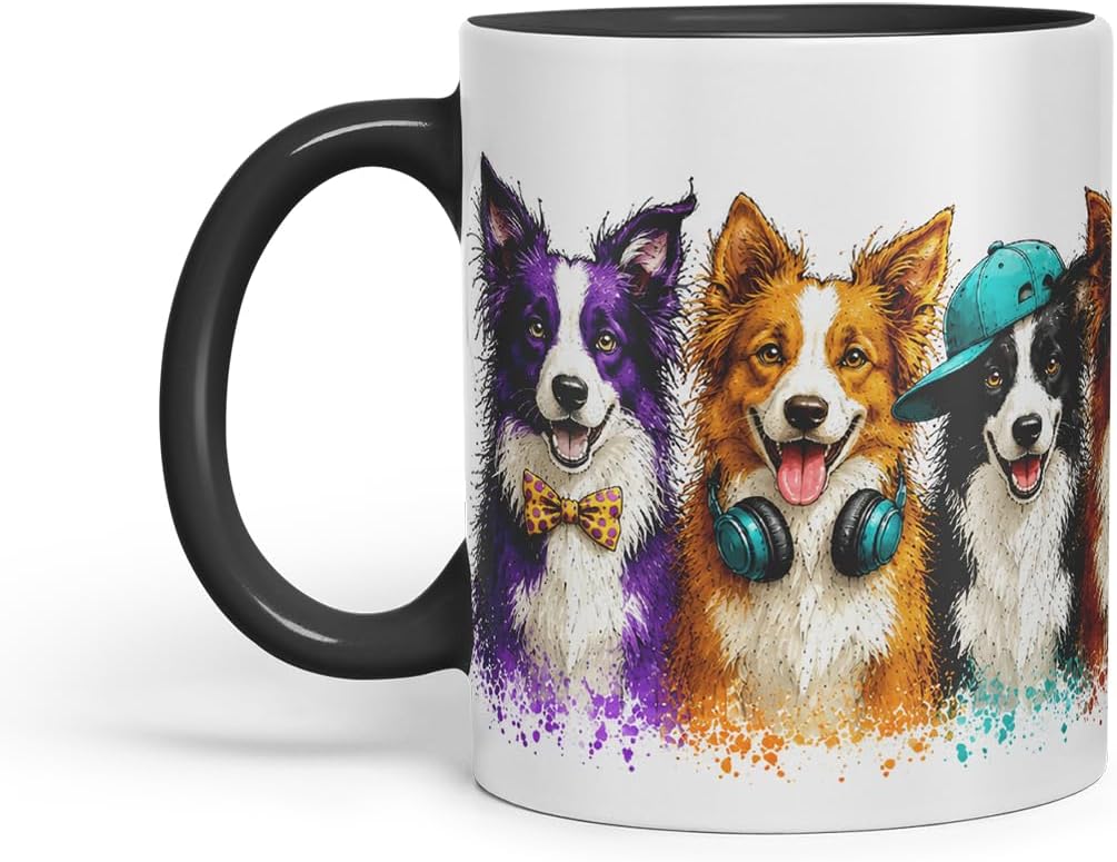 Vixar Border Collie Dog Mug – Cute Border Collie Coloured Ceramic Mug Cup Gift, 11oz (Black)