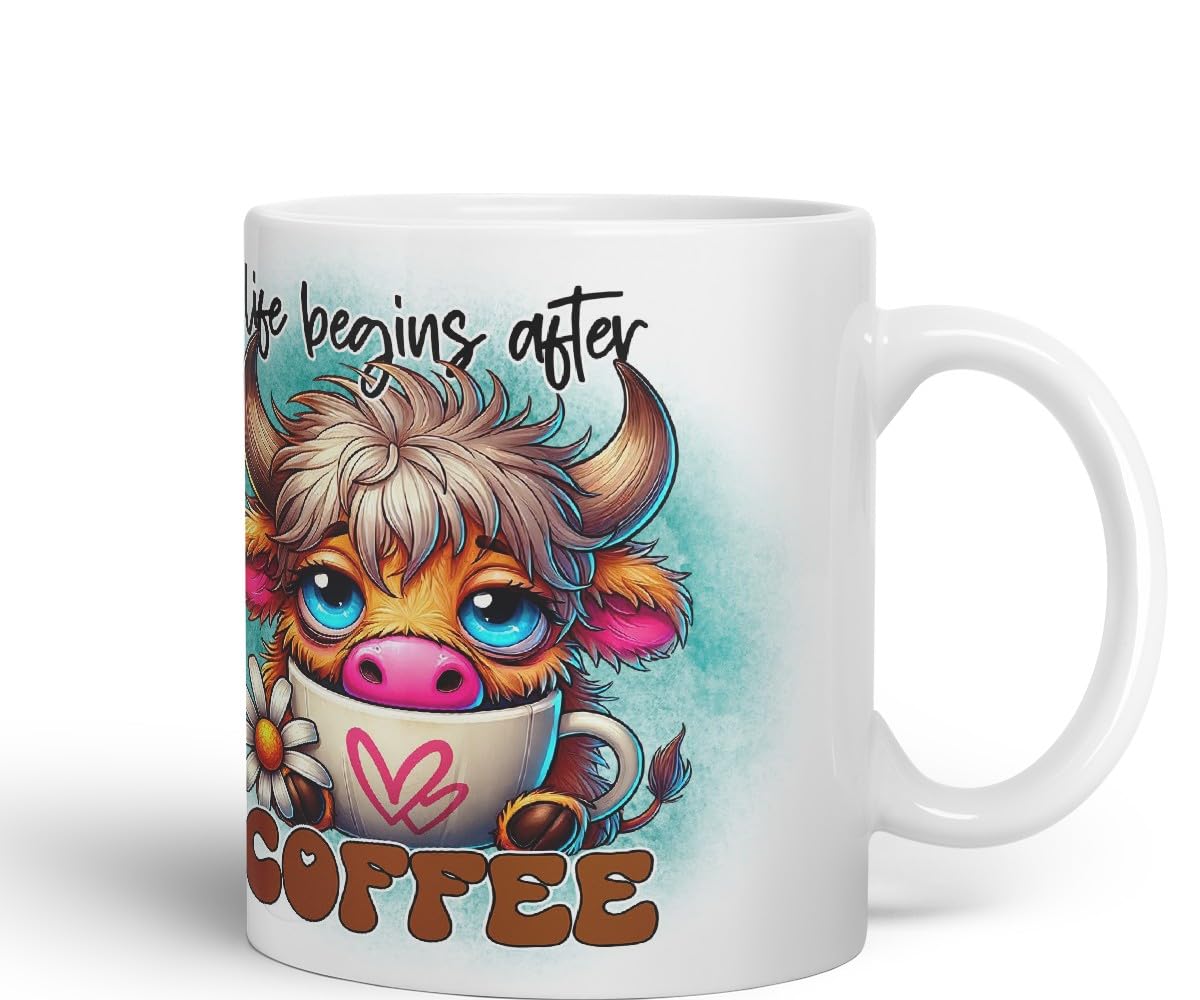 Vixar Life Begins After Coffee Highland Cow Coloured Ceramic Mug Cup Gift for Coffee Lovers 11oz (Black)