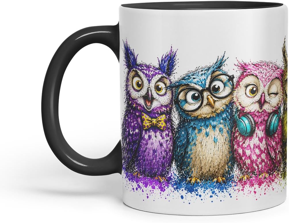 Vixar Owls Mug – Cute Owls Coloured Ceramic Mug Cup Gift, 11oz (Black)