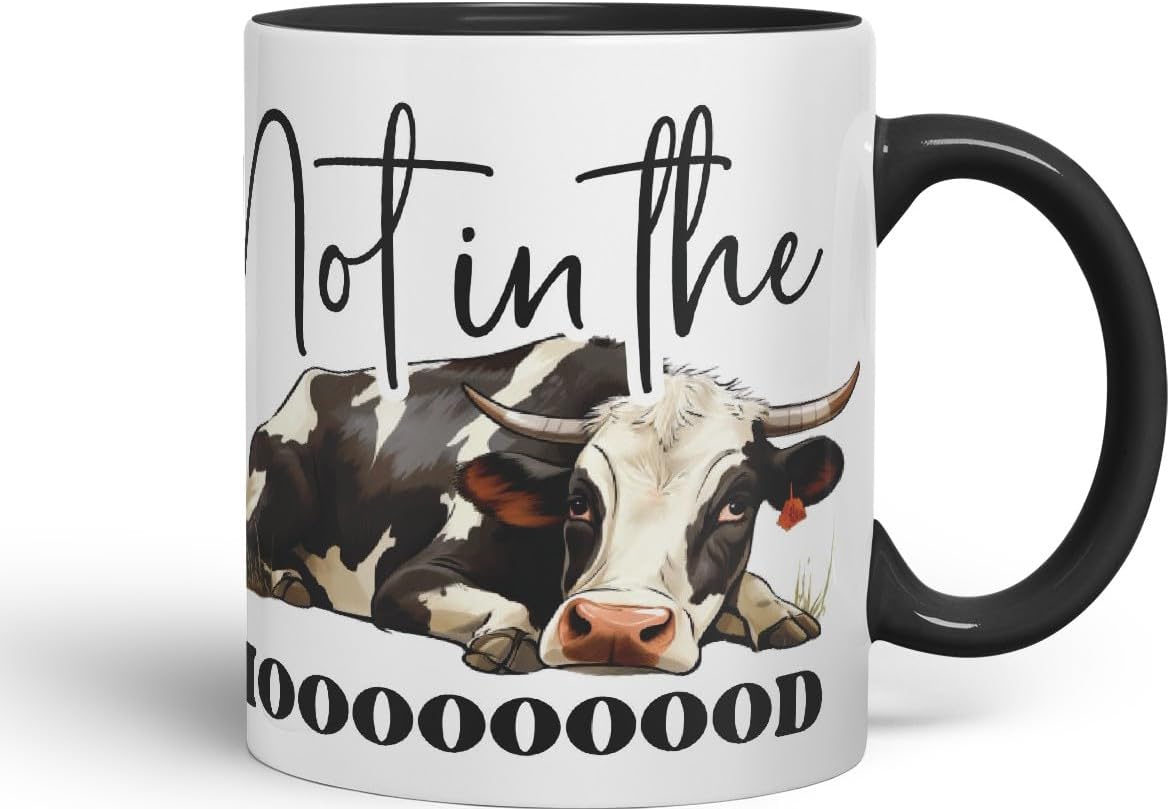 Vixar Not in The Mooood Cow Joke Coloured Ceramic Mug Cup Gift, 11oz (Black)