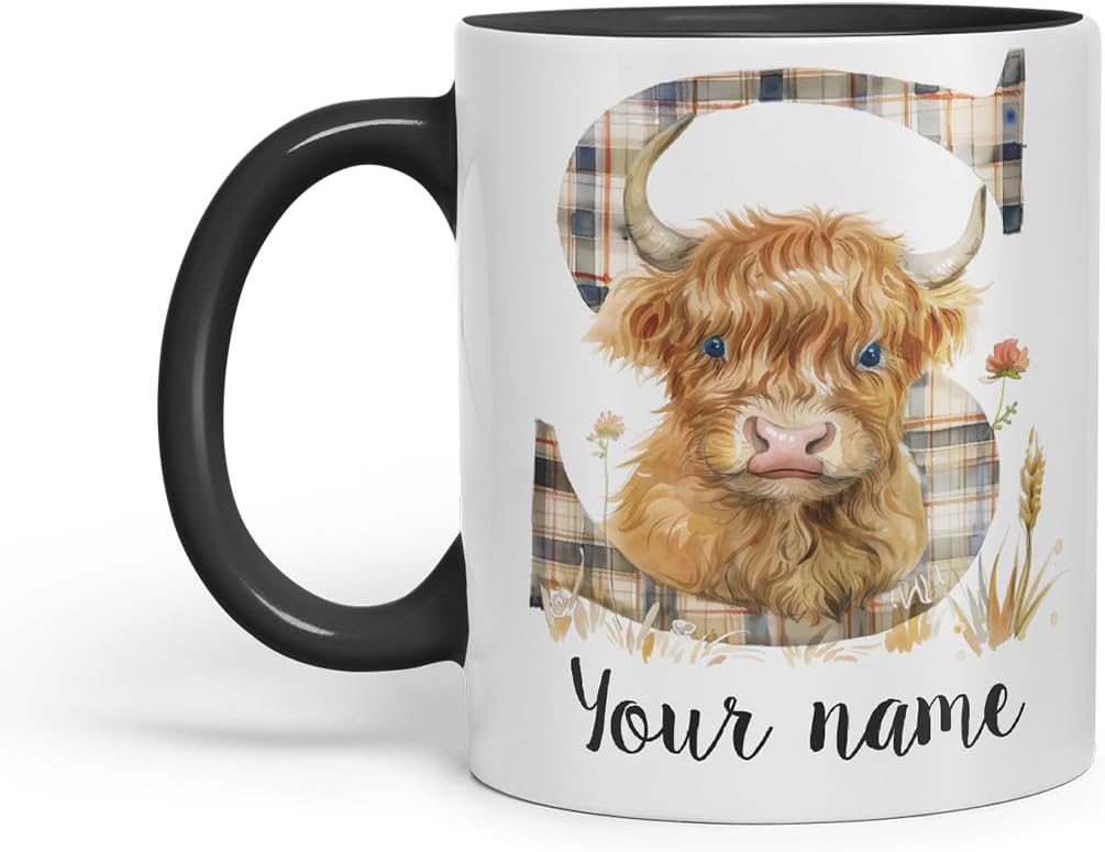 Vixar Personalised Highland Cow Initial Letter S Custom Name Mug – Coloured Ceramic Mug Cup Gift, 11oz (Black)