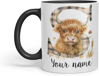 Vixar Personalised Highland Cow Initial Letter S Custom Name Mug – Coloured Ceramic Mug Cup Gift, 11oz (Black)
