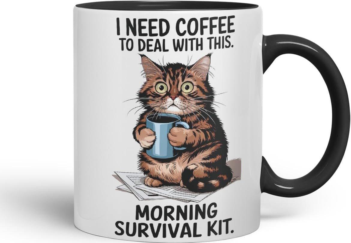 Vixar I Need Coffee to Deal with This Morning Survival Kit Cat Mug – Coloured Ceramic Mug Cup Gift, 11oz (Black)