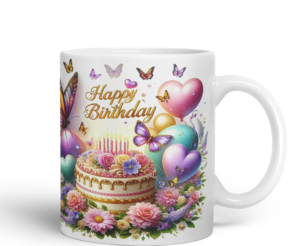 Vixar Happy Birthday Butterflies Over Cake Coloured Ceramic Mug Cup Gift 11oz V12 (Black)
