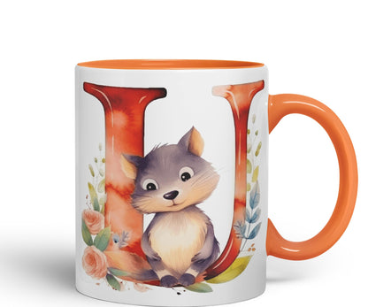 Letter U mug, Animals Alphabet Letter U Monogram animal for kids Ceramic Coloured Mug Cup for Tea Coffee Hot brew 330ml 11Oz Gift