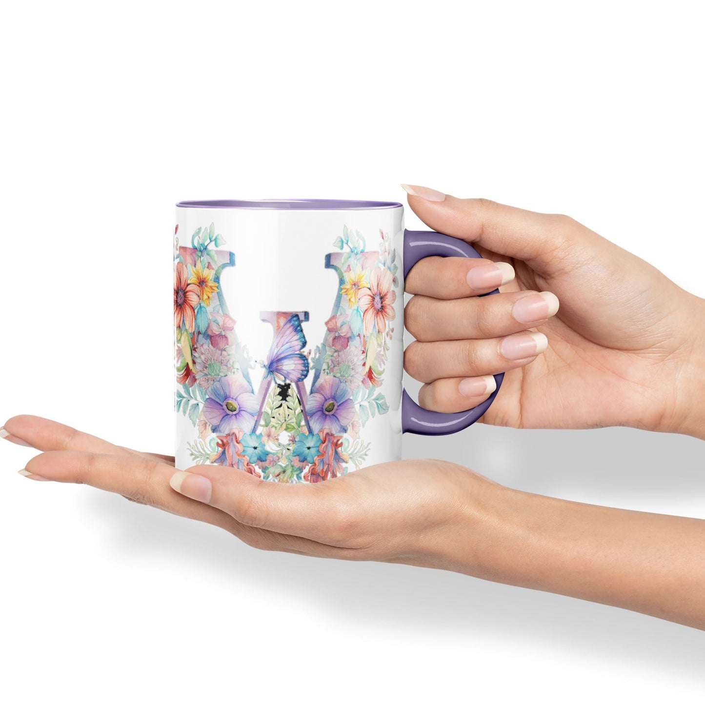 Letter W mug, Floral flowers butterfly Alphabet Letter W Monogram watercolour Ceramic Coloured Mug Cup for Tea Coffee Hot brew 330ml 11Oz