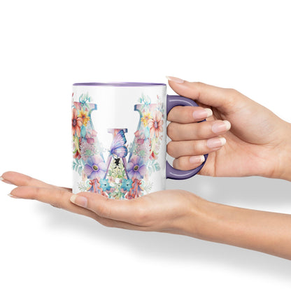 Letter W mug, Floral flowers butterfly Alphabet Letter W Monogram watercolour Ceramic Coloured Mug Cup for Tea Coffee Hot brew 330ml 11Oz